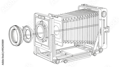 Large format camera assembly breakdown, CAD technical drawing