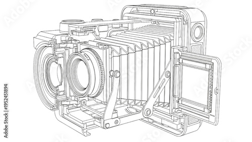 Large format camera exploded view, CAD engineering technical diagram
