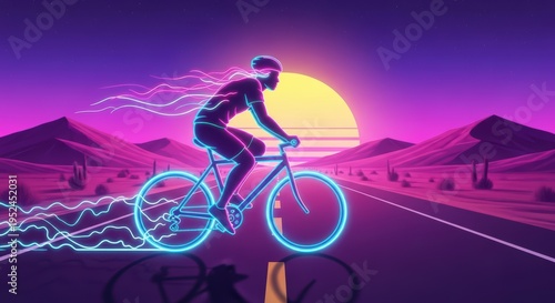 Retro Cyclist Neon Sunset Desert Road Synthwave Vibe