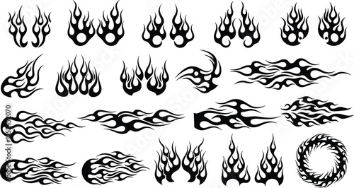 Dynamic Flame Vector Set: Tribal Fire Graphics, Hot Rod Decals, and Burning Inferno Elements for High-Energy Designs and Customization Projects