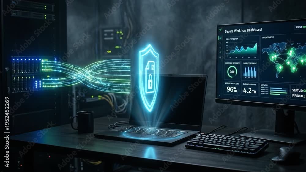 Secure workflow dashboard featuring cybersecurity data protection with ...
