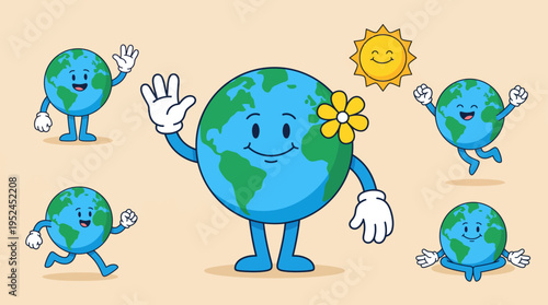 Cheerful cartoon Earth characters waving and smiling with a sun and flower, promoting environmental care and global unity