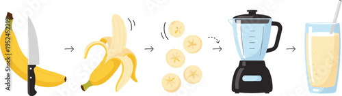 Banana Smoothie Preparation Process Vector Illustration Showing Peeling, Slicing, Blending, and Fresh Drink Serving Steps for Healthy Beverage Design