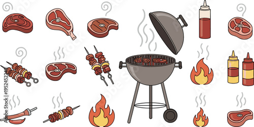 Barbecue Grill Vector Set with BBQ Equipment, Grilled Meat Skewers, Steak Cuts, Fire Flames, and Sauce Bottles for Outdoor Cooking Design