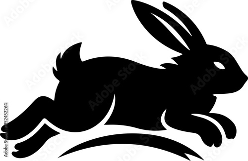 A black silhouette of a running rabbit on a white background