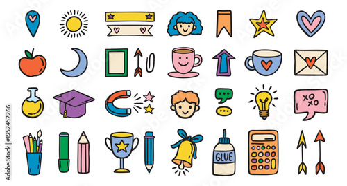 Random school elements set, primary cute icons, colorful, hand drawn