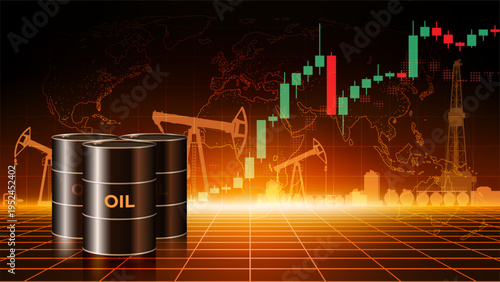 Chart of oil price growth per barrel. Crude oil barrels on dark abstract desert background. Analysis of the growth global energy markets. World market review. Investment strategies. Vector