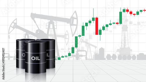 Chart of growth oil prices per barrel. Crude oil barrels on industrial pump jack background. Analysis rising of global energy markets. Economic insights. World market review. Investment. Vector