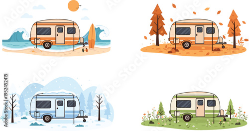 Camping Trailer in Four Seasons Vector Set Featuring Caravan in Summer, Autumn, Winter, and Spring Landscapes for Travel and Outdoor Adventure Design