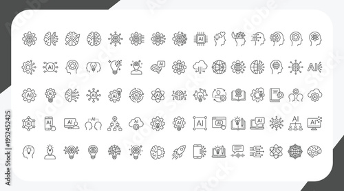 Artificial intelligence outline icons: AI neural brain, data algorithms, generative automation, cloud networks, circuits, collaboration, devices—clean technology vector, editable stroke