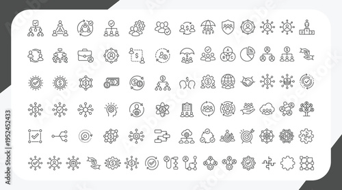 Outline stakeholder icons for management, engagement, mapping, analysis, governance, teams, finance, business, networks, charts, diagrams; clean line style, editable stroke