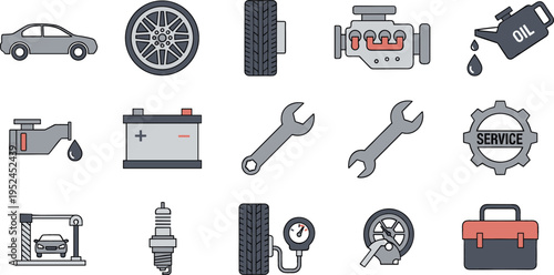 Car Service and Auto Repair Icon Set Vector Collection Featuring Engine, Battery, Tools, Oil, Tires, and Maintenance Equipment for Automotive Design
