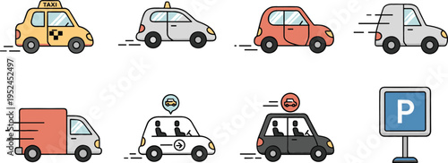 City Transport Cars Vector Set Featuring Taxi, Delivery Van, Police Vehicle, Ride Sharing, Parking Sign, and Urban Traffic Illustrations for Mobility Design