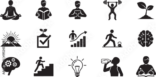 Personal growth and wellness icons for motivation and success