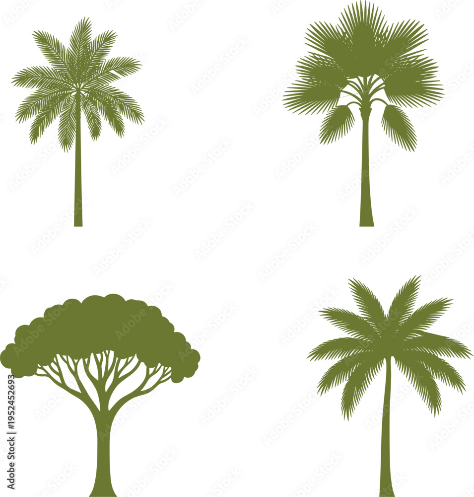 Obraz premium Green Tree and Palm Tree Silhouettes Vector Set for Tropical Landscapes, Nature Scenes, and Eco-Friendly Design Elements