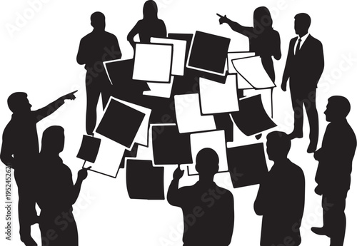 Silhouettes of people discussing and pointing at photo frames
