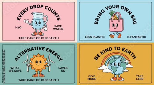 Four-panel eco awareness illustration promoting water conservation, reduced plastic, alternative energy, and kindness to the Earth