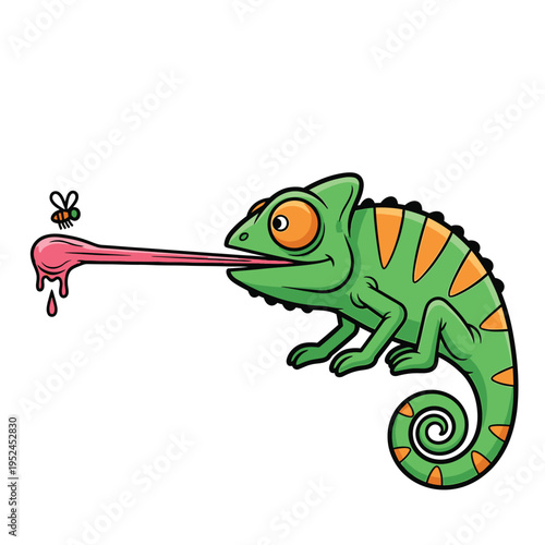 Cartoon Chameleon Catching Fly with Sticky Tongue.