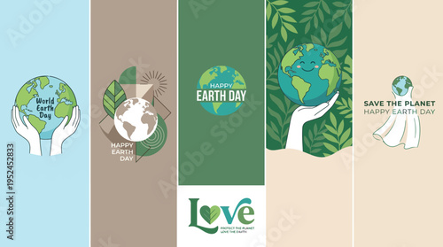 Five-panel Earth Day banners featuring hands holding the globe, greenery and Save the Planet messages to promote environmental awareness and sustainability