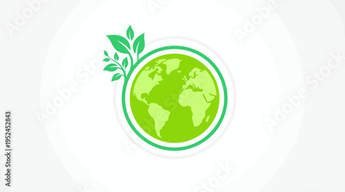 Eco-friendly circular Earth emblem with a green globe and leaves, symbolizing sustainability, environmental protection, and nature-inspired growth.