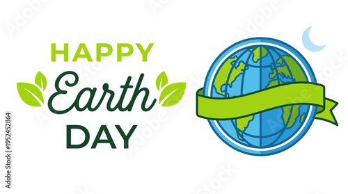 Happy Earth Day celebration with leafy logo and globe illustration promoting environmental awareness and sustainability
