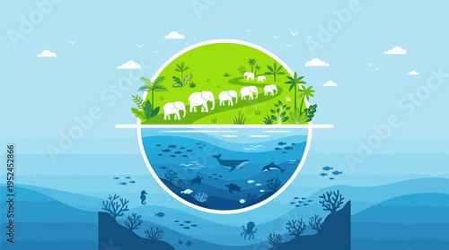 Circular landscape illustration of land and sea harmony: cows grazing on a green hill above an underwater world, highlighting biodiversity, conservation and sustainable ecosystems