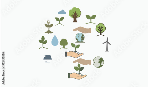 Eco environment icon collection in circular layout with plant growth recycle energy and sustainability symbols vector