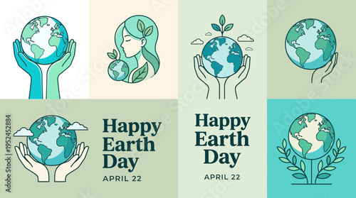 Earth Day celebration illustration featuring hands supporting the globe, nature-inspired icons, and eco-friendly messages promoting sustainability and conservation.