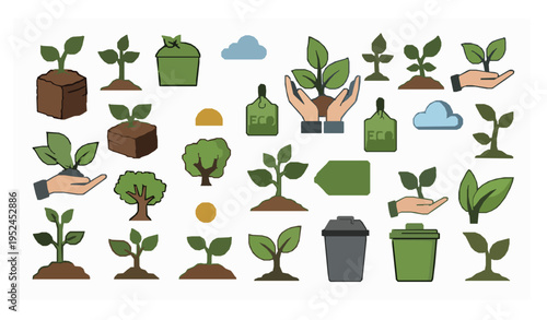 Environmental care and plant growth icons with eco symbols recycling and nature elements vector collection
