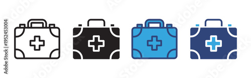 First Aid Kit Icon Set Vector Collection with Medical Box, Emergency Supplies and Health Care Equipment in Outline and Solid Styles