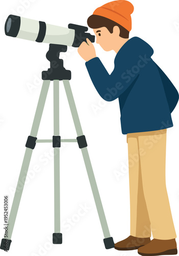 Person Watching Stars With Telescope Full Body Illustration featuring Stargazer with Tripod-Mounted Refractor for Amateur Astronomy and Night Sky Hobby Design