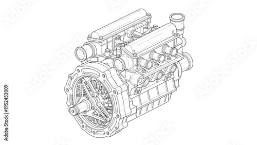Wankel rotary engine, CAD style technical line drawing