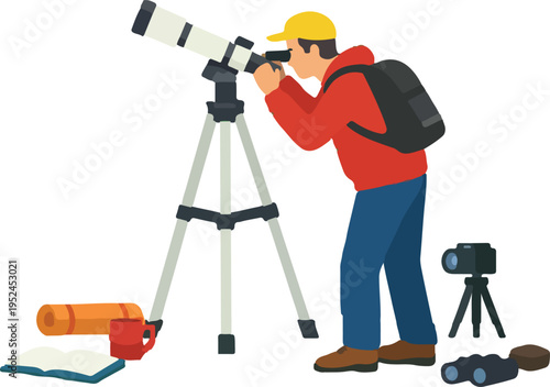 Man Observing Sky With Telescope Full Body Illustration featuring Stargazer with Tripod Mounted Refractor for Astronomy, Science Education, and Night Sky Exploration Design