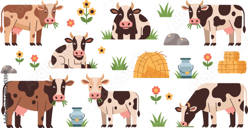 Flat vector illustration set of dairy cows in various poses featuring grazing, sitting, milk jugs, hay bales, and flowers for farm and agriculture desi