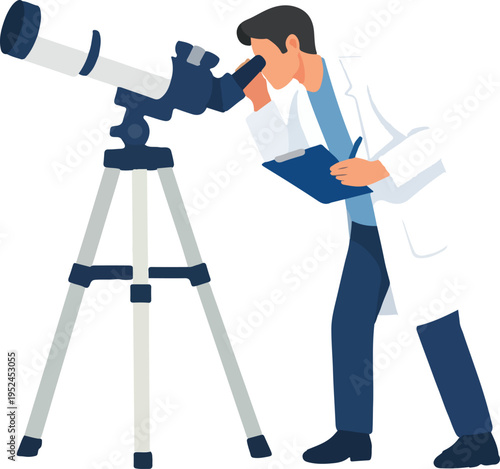 Astronomer Studying Stars With Telescope Full Body Illustration featuring Professional Scientist with Refractor and Star Map for Celestial Observation and Space Research Design