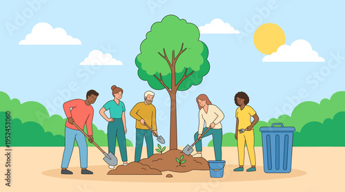 Community volunteers planting a sapling in a sunny park to support tree planting, urban forestry, and environmental conservation