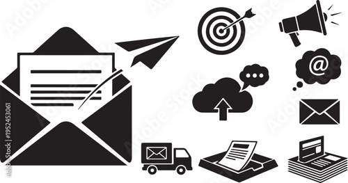 Communication and marketing icons in black and white style