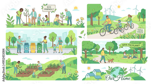 Vibrant eco-friendly community park scene with families biking, gardening, walking dogs, and people enjoying outdoor recreation