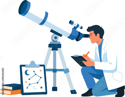 Scientist Observing Stars Full Body Astronomy Research Illustration featuring Professional Astronomer with Telescope and Data Clipboard for Celestial Study and Space Exploration Design