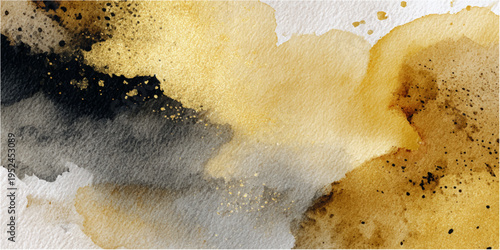 An abstract watercolor background with dynamic brushstrokes of gold, charcoal, and ochre hues, forming a luxurious visual texture.