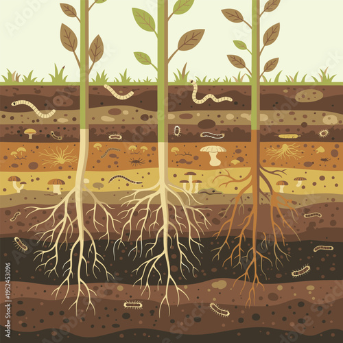 Cross section of soil layers showing plant roots and organisms.