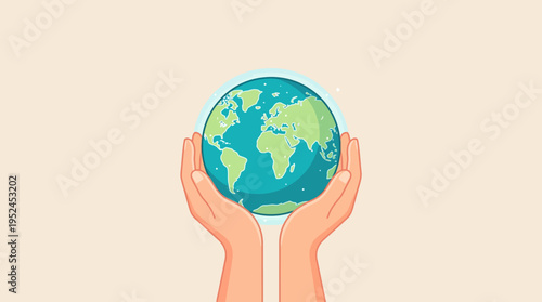 Cartoon illustration of hands holding a globe Earth to symbolize global environment, sustainability and care