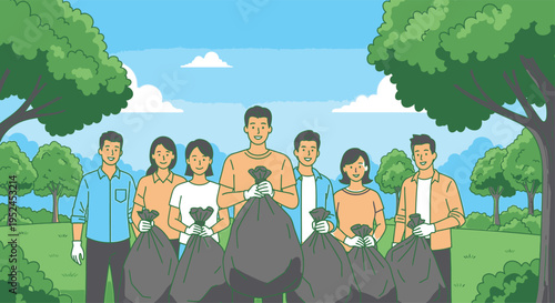 Group of people holding trash bags after cleaning park.