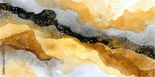 Abstract watercolor painting showcasing flowing golden, silver, and black hues, creating a luxurious and artistic atmosphere with glistening gold accents.