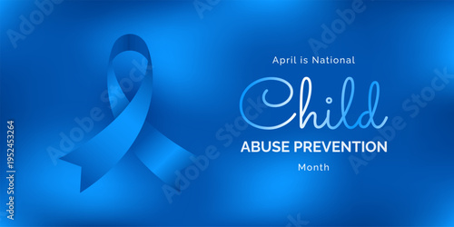 Child Abuse Prevention Month concept. Banner template with blue ribbon awareness and text. Vector illustration with typography. Blur gradient background .