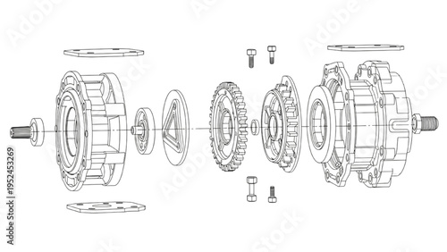 Wankel rotary engine exploded view, CAD technical diagram