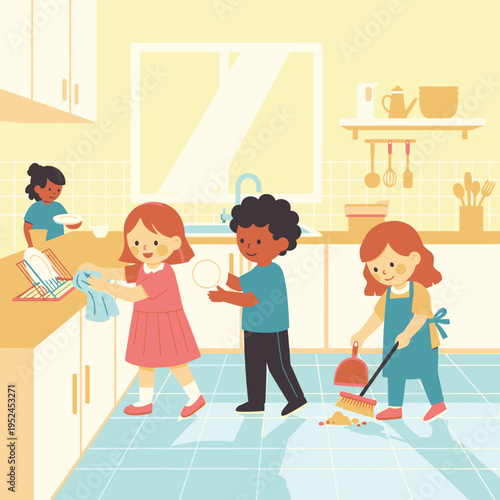 Children actively participating in household chores together.