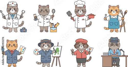 Cute Cat Professions Vector Set Featuring Doctor, Chef, Artist, Builder, Teacher, and Worker Cartoon Characters for Kids, Education, and Career Design