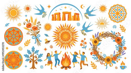 Summer Solstice Celebration Elements Set with Sun and Stonehenge