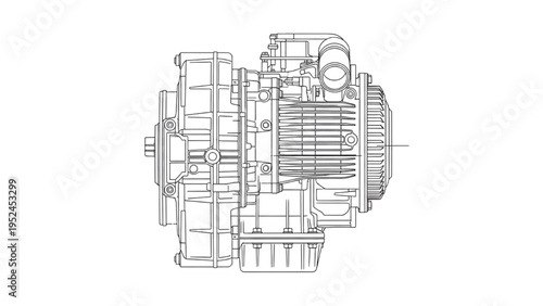 Wankel rotary engine top view, CAD technical 2D drawing